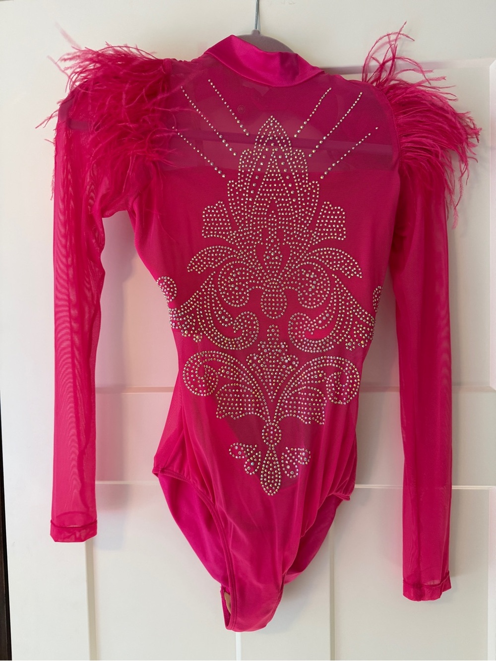 Medium Adult 10th house costume-Hot Pink Rhinestone Feather One-Piece Leotard